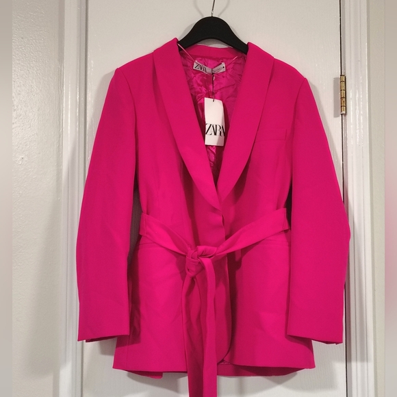 NWT ZARA $130 Belted Tuxedo Blazer Vibrant Pink Women's XL Neon Fuschia NEW! - Picture 6 of 16